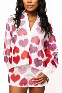QUEEN OF SPARKLES Rhinestone Hearts Button Up Shirt in pink multi - women's shirt