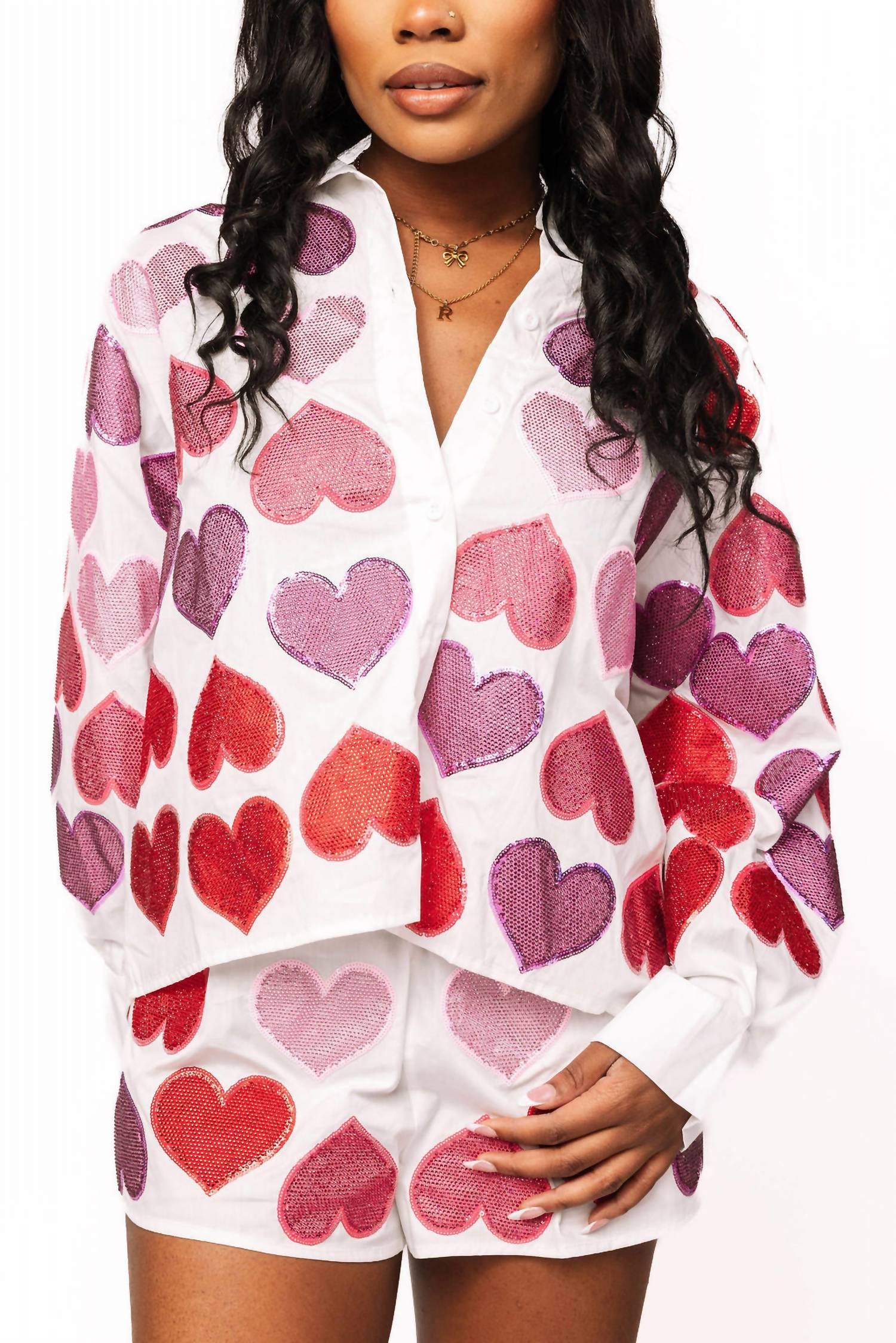 QUEEN OF SPARKLES Rhinestone Hearts Button Up Shirt in pink multi - women's shirt