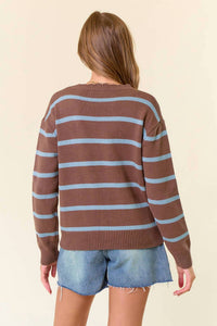 Doe And Rae - Scallop Neckline Long Sleeve Striped Sweater Top