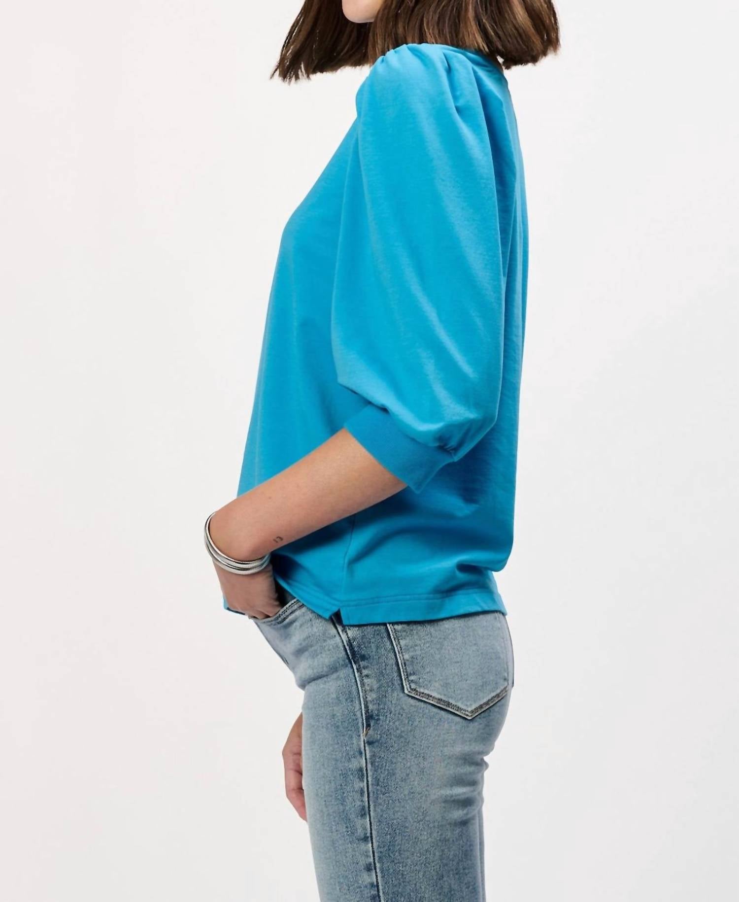 Another Love Tamryn Short Puff Sleeve Top in malibu blue - women's blouse - detail view
