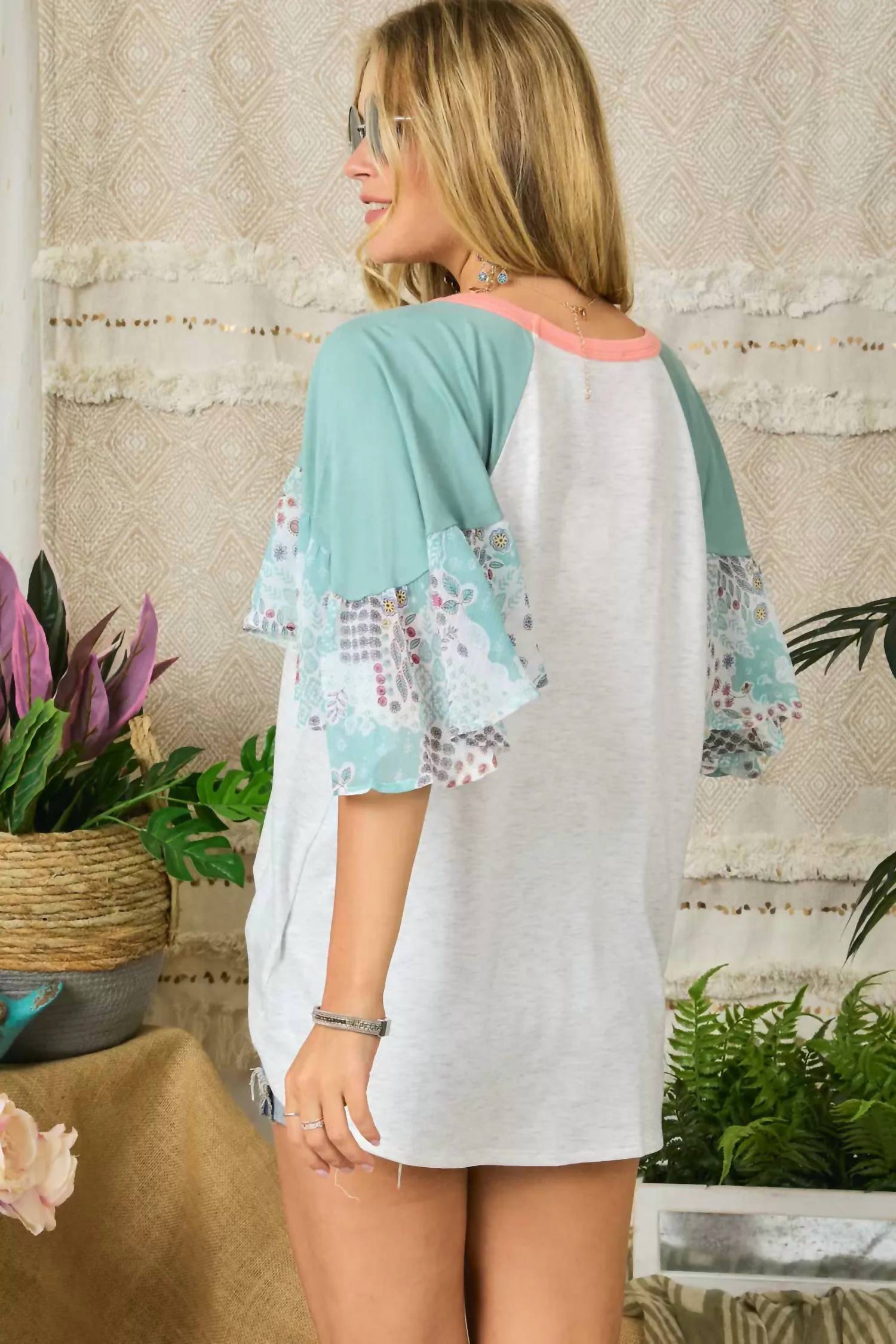 Patchwork Flared Sleeve Top