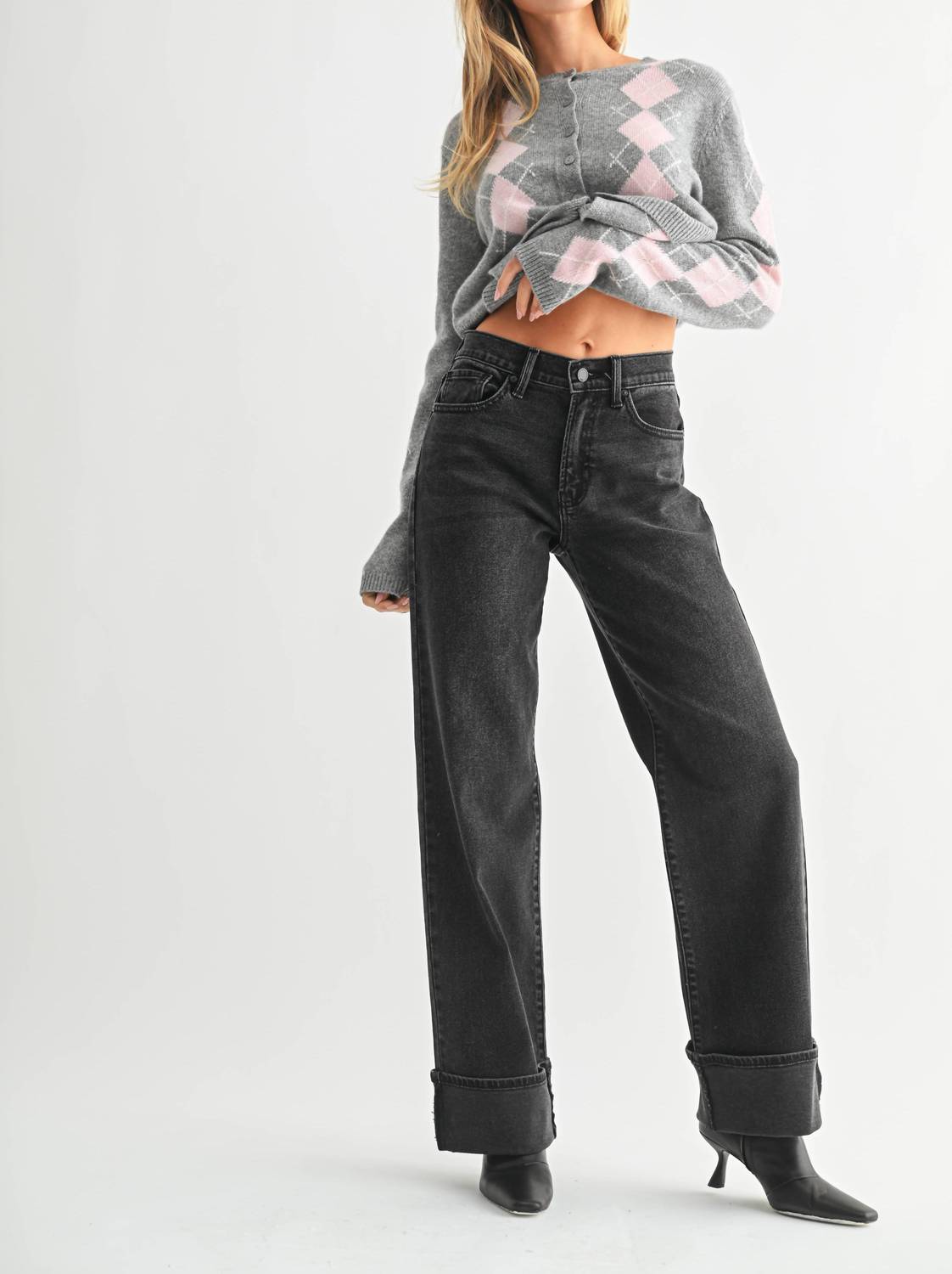 JBD. Cuffed Wide Leg Jeans in washed black - women's jeans