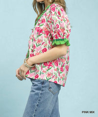 Umgee - Floral Ruffle Trim Puff Sleeve Blouse
