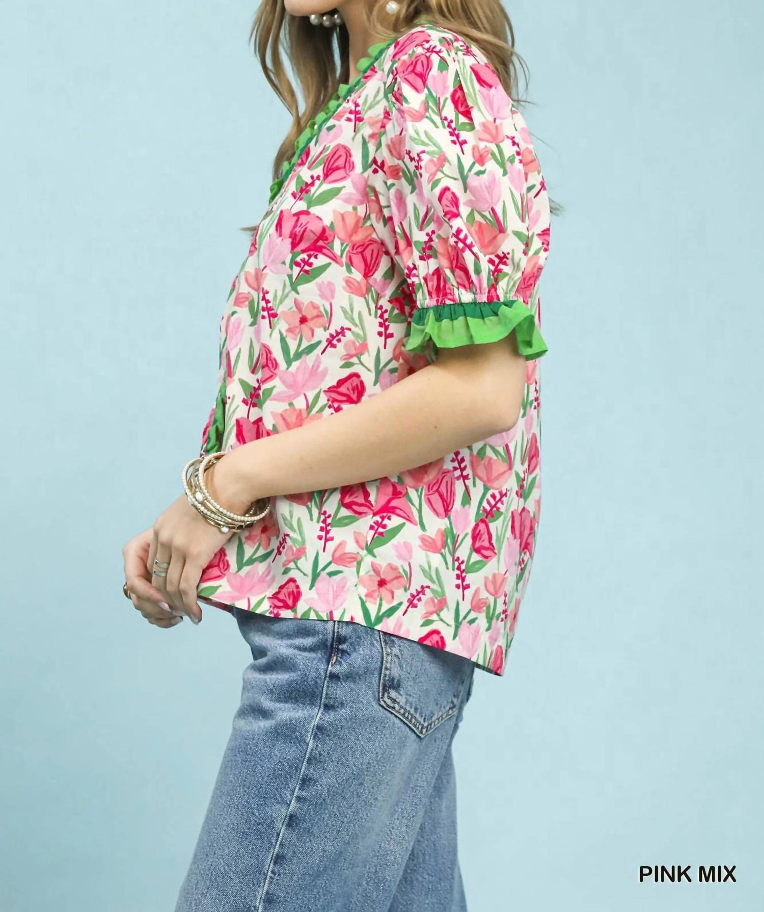 Umgee - Floral Ruffle Trim Puff Sleeve Blouse