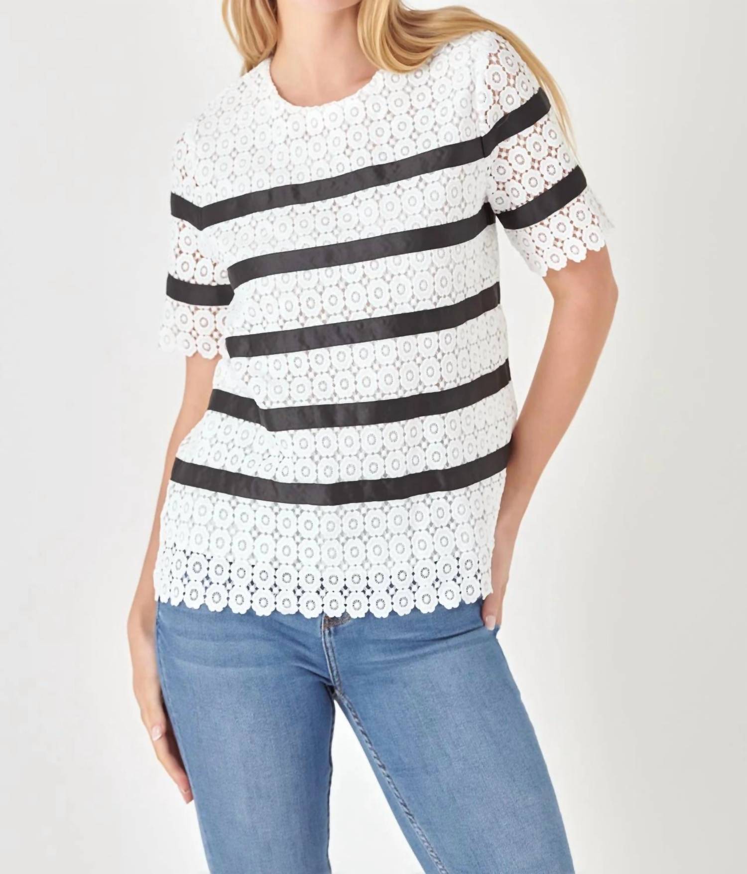 English Factory - Lace Short Sleeve Striped Top