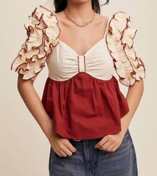 Listicle - Colorblock Bow Shape Bust Contrast Ruffle Blouse