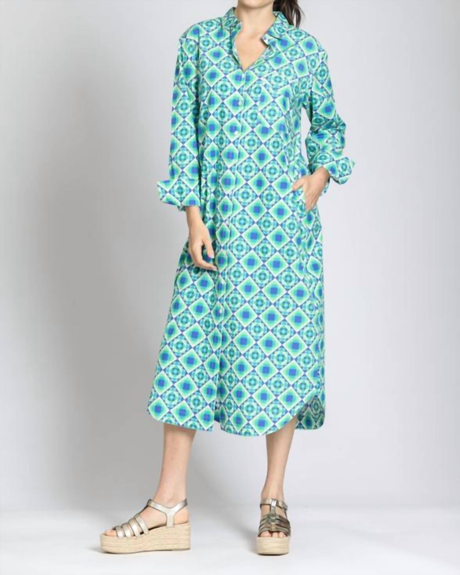 APNY Printed Shirt Dress in blue multi - women's dress - detail view