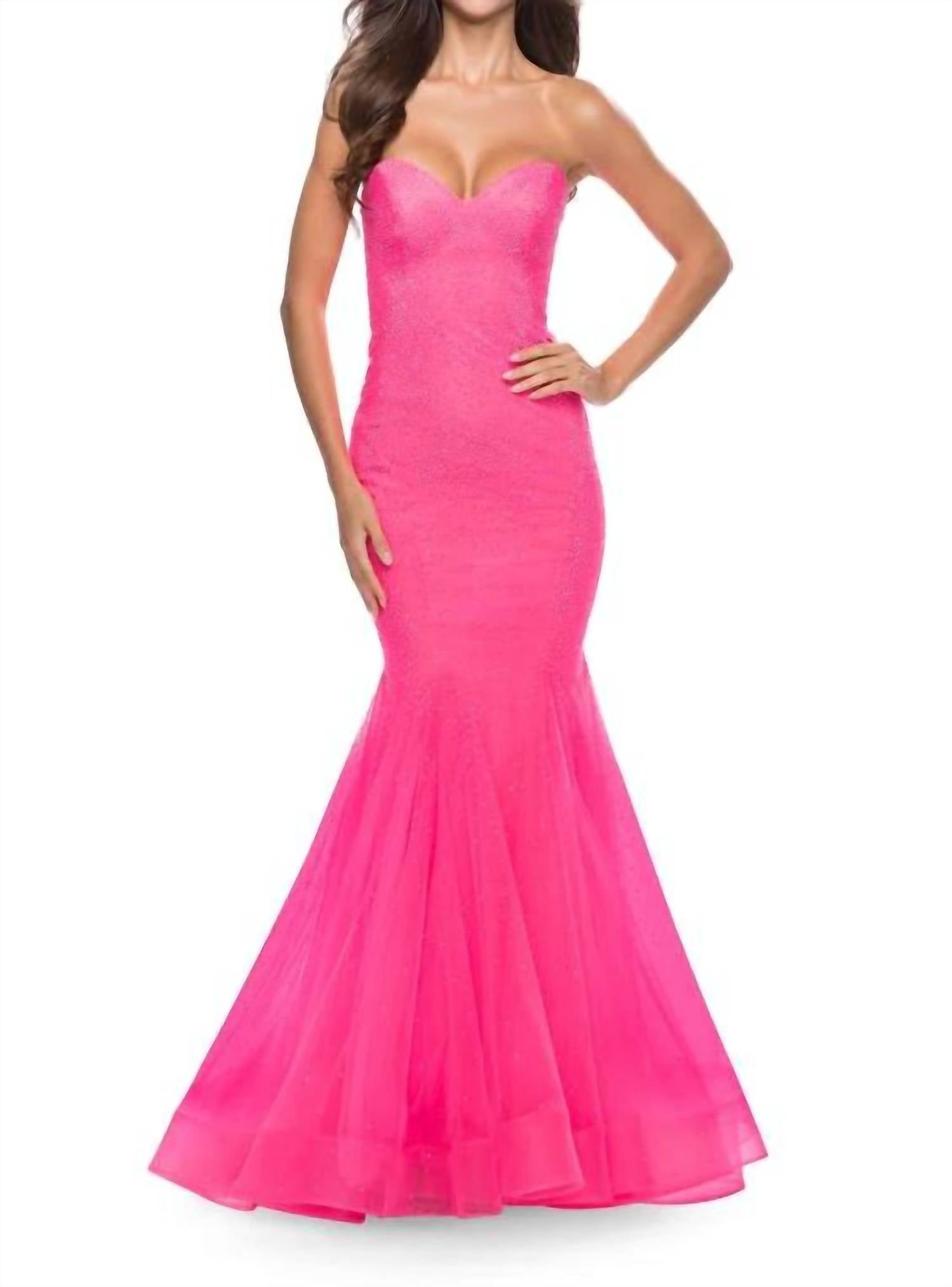 La Femme Fitted Mermaid Rhinestone Embellished Prom Dress in pink - women's dress