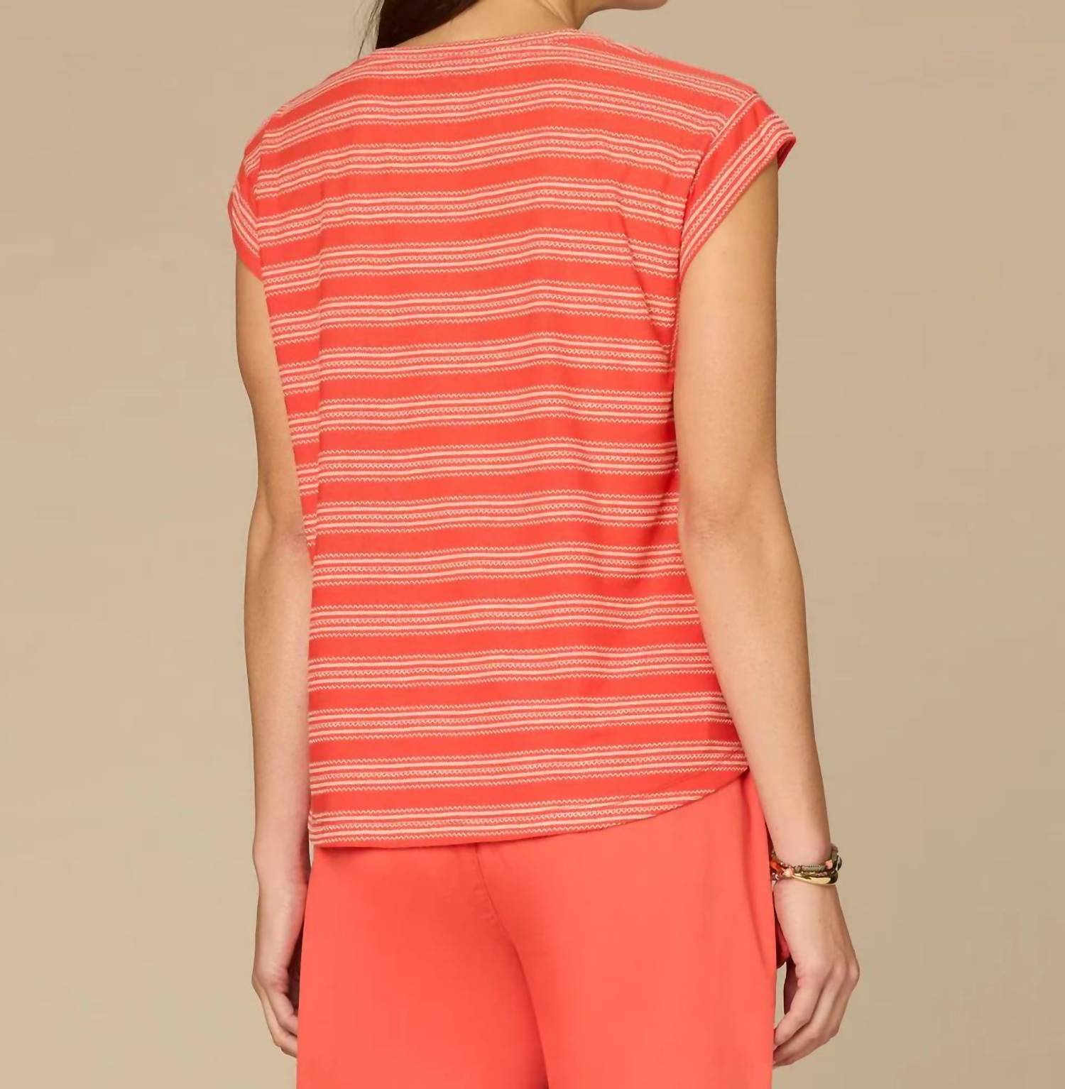 Democracy - Cap Sleeve Scoopneck Embroidered Stripe Knit Top