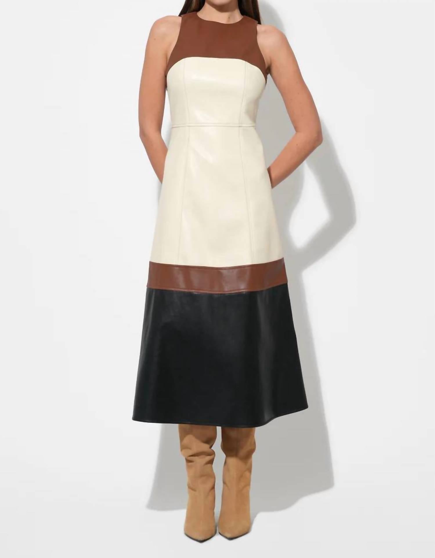 THML Sleeveless Faux Leather Midi Dress in colorblock - women's dress - view 4