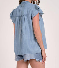 ELAN Swing Short Sleeve Top in blue - women's blouse - detail view