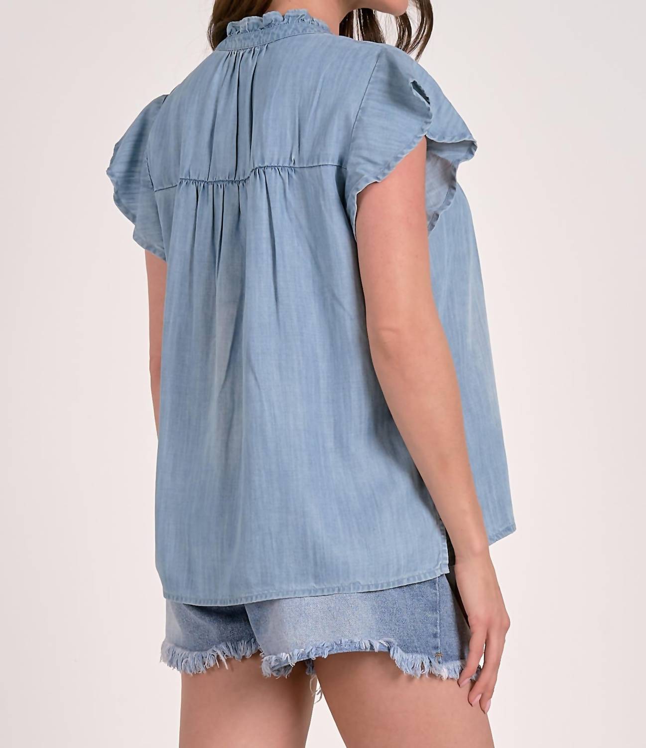 ELAN Swing Short Sleeve Top in blue - women's blouse - detail view