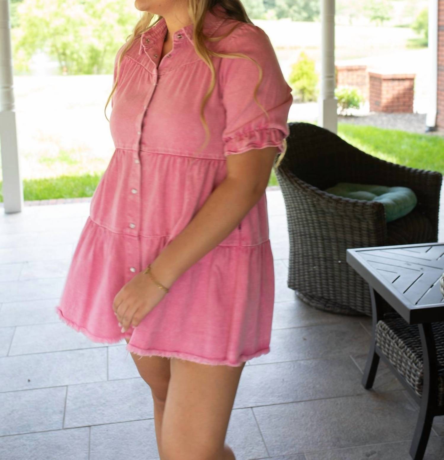 Baevely by Wellmade Oh Snap Button Denim Mini Dress in pink - women's dress - detail view