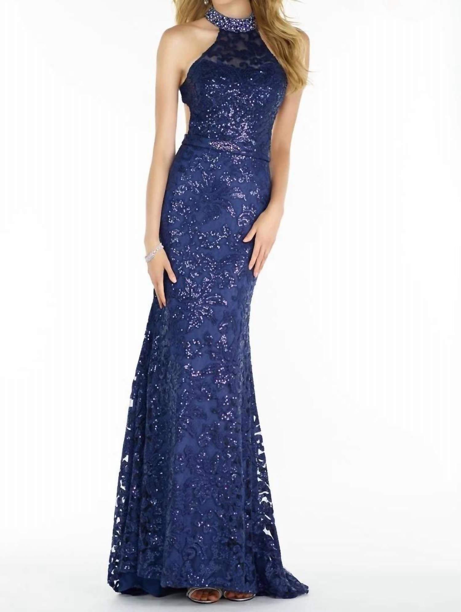 ALYCE PARIS Sequin Halter Laced Gown in navy - women's dress