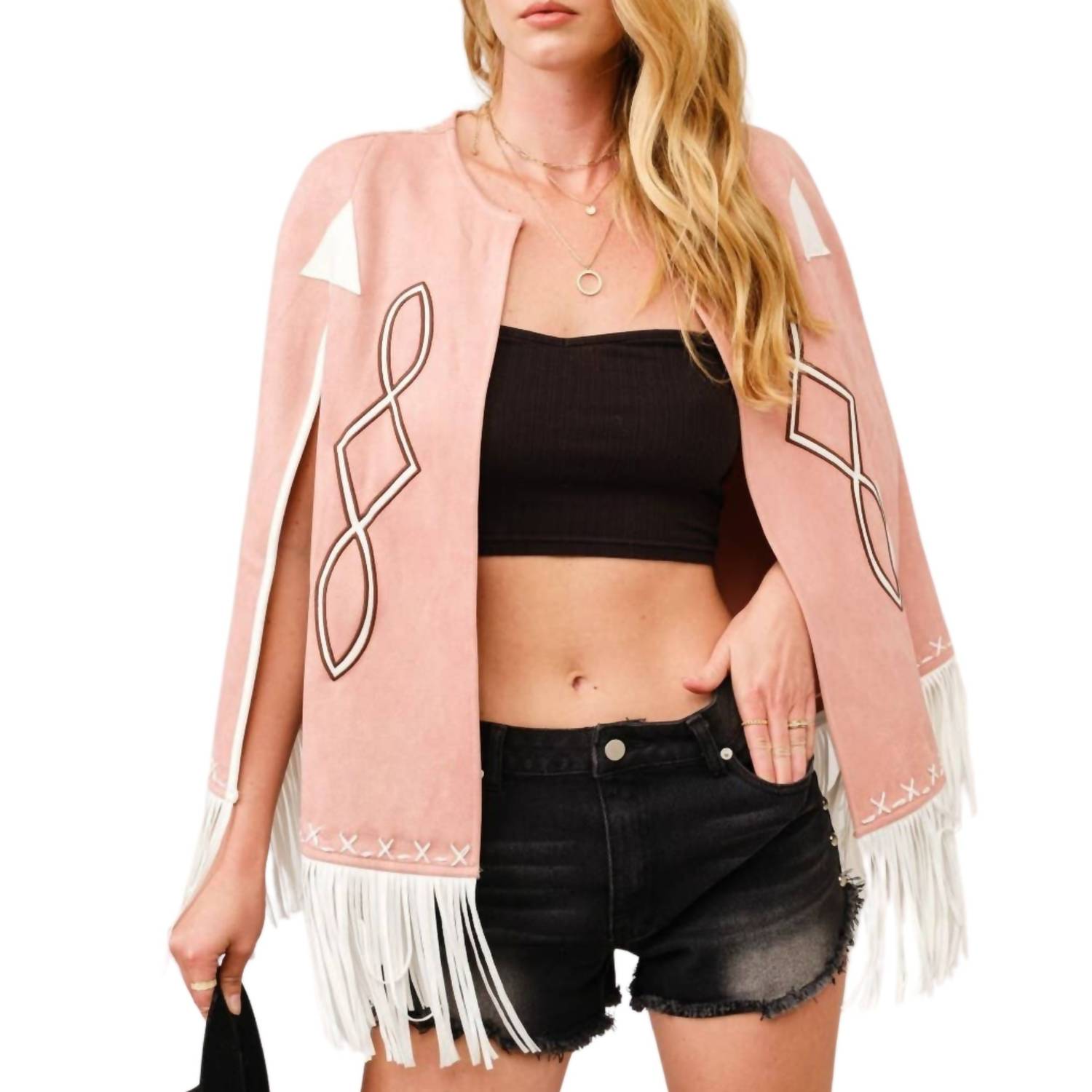 Blue B - Fringe Detail Open Cape Jacket