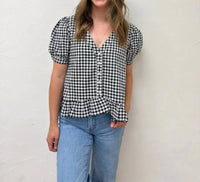 Vine & Love - Puff Short Sleeve V-neck Gingham Blouse