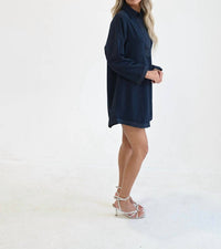 Never a Wallflower Split Neck Dress in navy boucle - women's dress - detail view