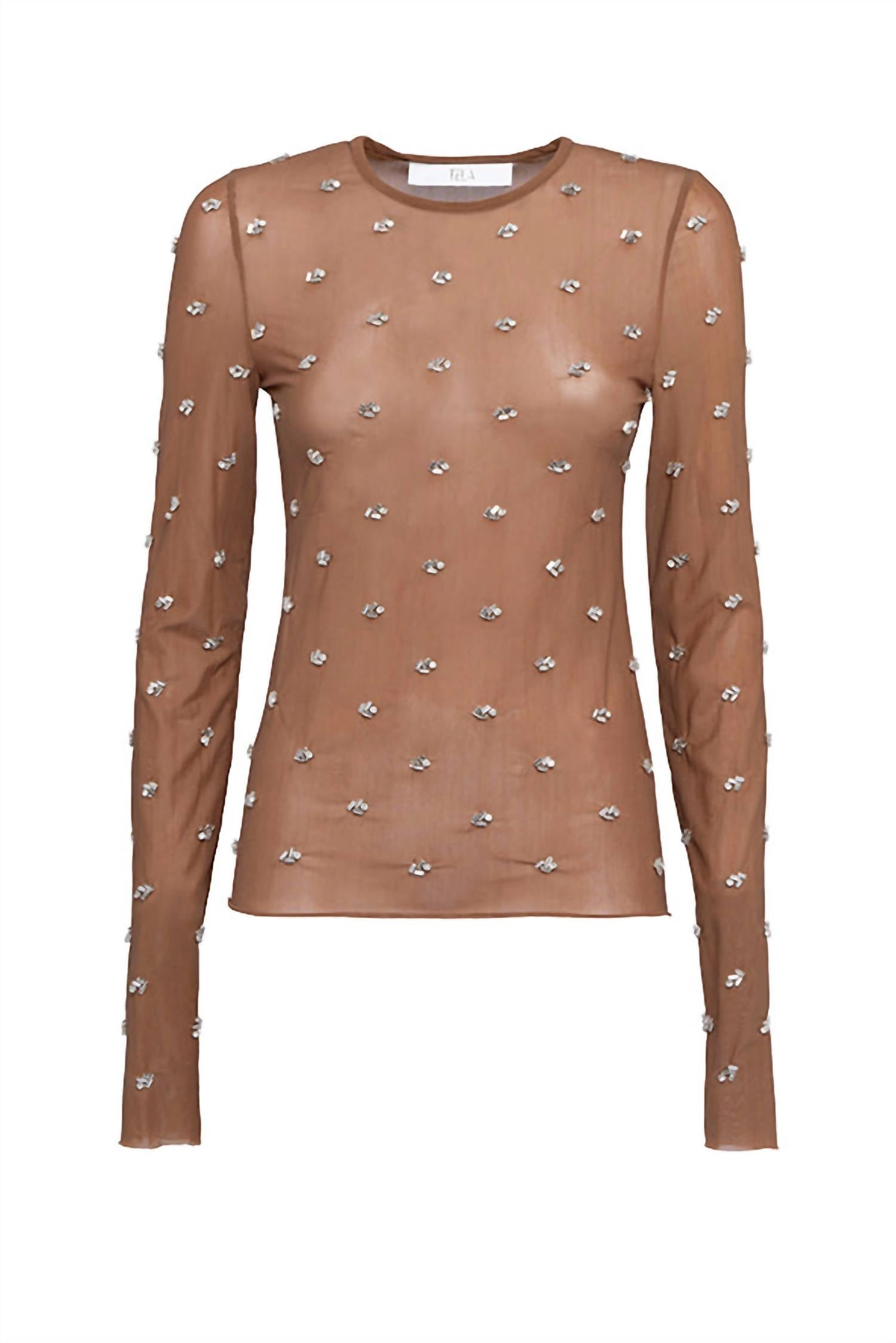 Tela Women's Lux Beaded Top in tan - women's long sleeve top