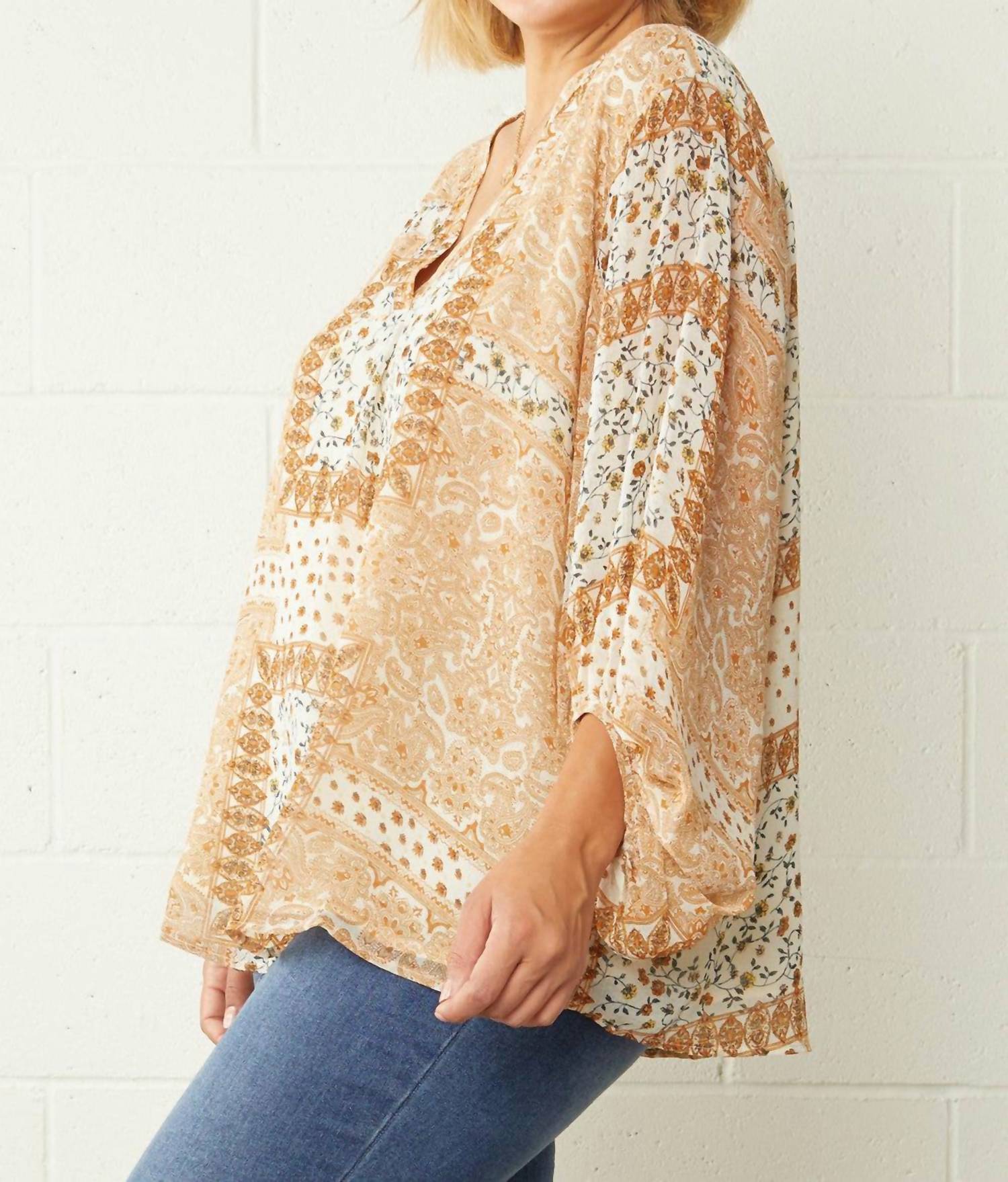 entro Mixed Print Bubble Sleeve Blouse - Plus in beige - women's blouse - alternate view