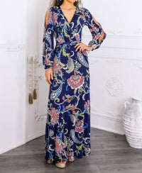 Surelymine - Paisley Cutout Maxi Dress With Long Sleeves