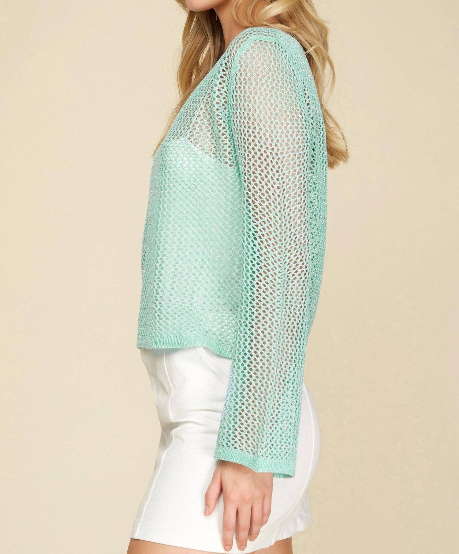 SHE + SKY Open-knit Metallic Thread Sweater Top in aqua - women's sweater - view 4