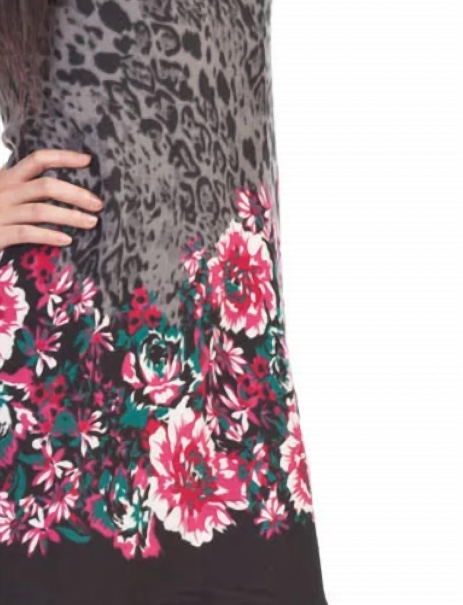 Papillon - Floral Border Animal Print Collar Sweater Dress