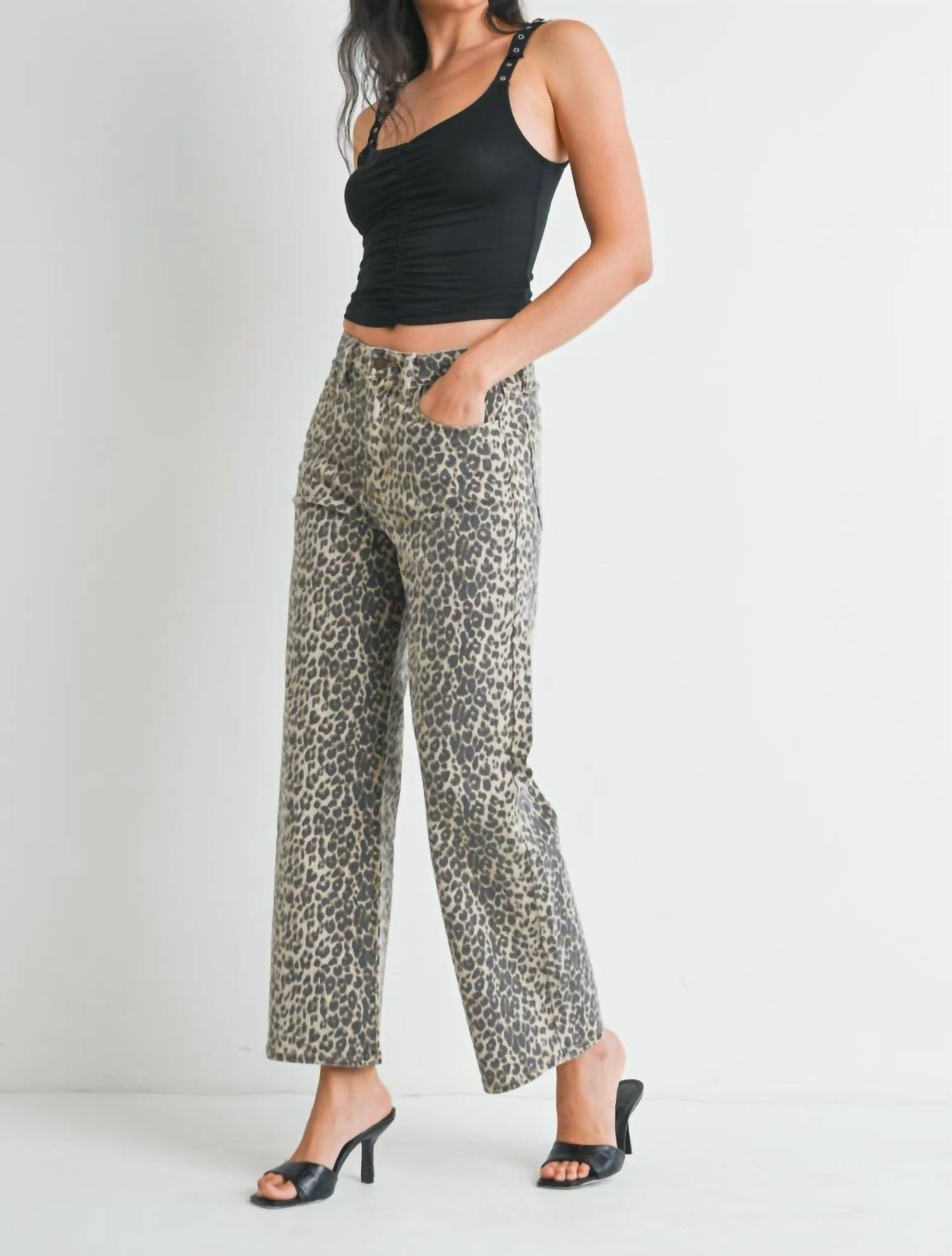 JUST BLACK DENIM Leopard Straight Leg Jeans in brown - women's pants - detail view