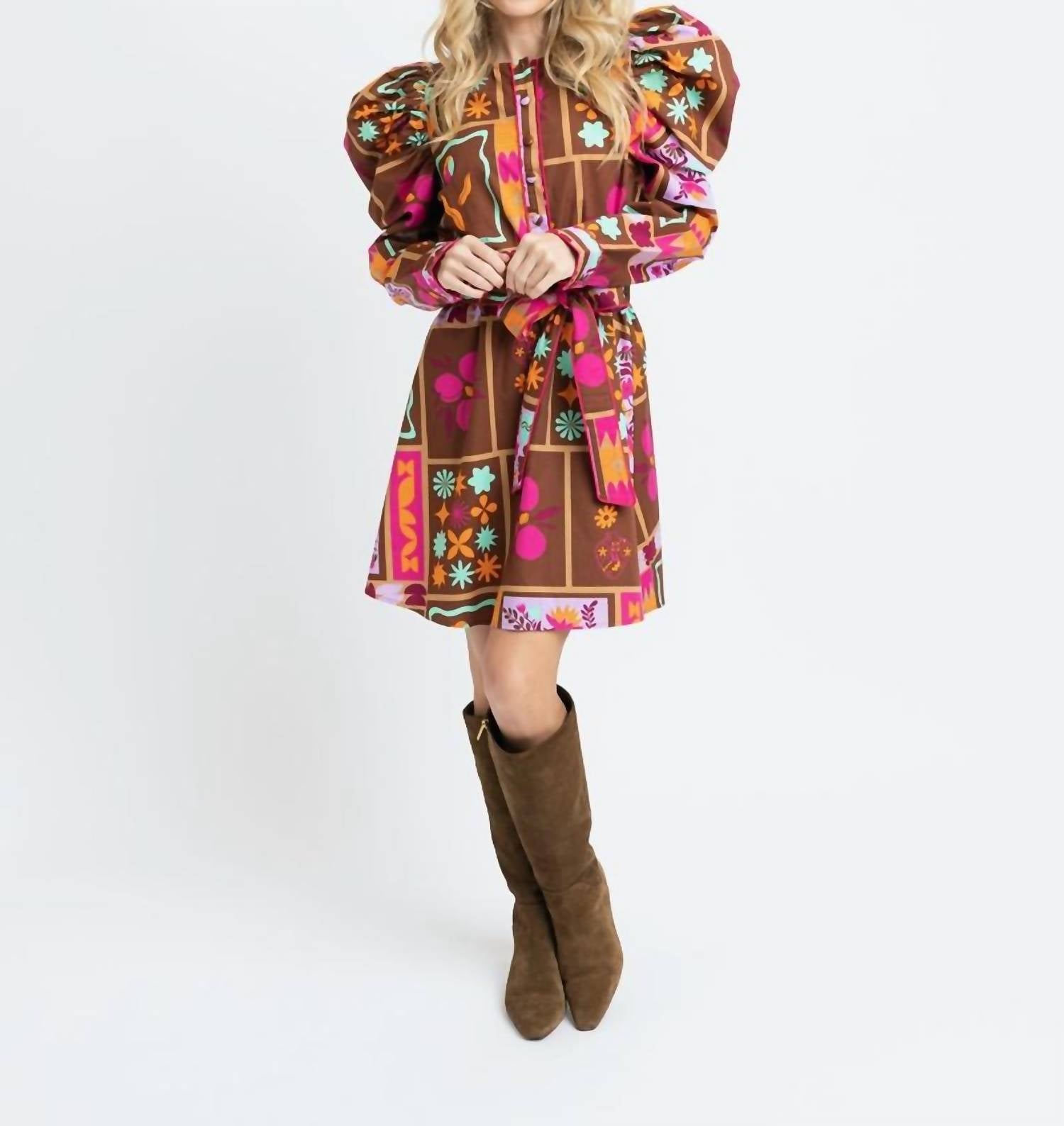 Karlie Floral Frame Puff-sleeve Mini Shirt Dress in brown - women's dress - detail view