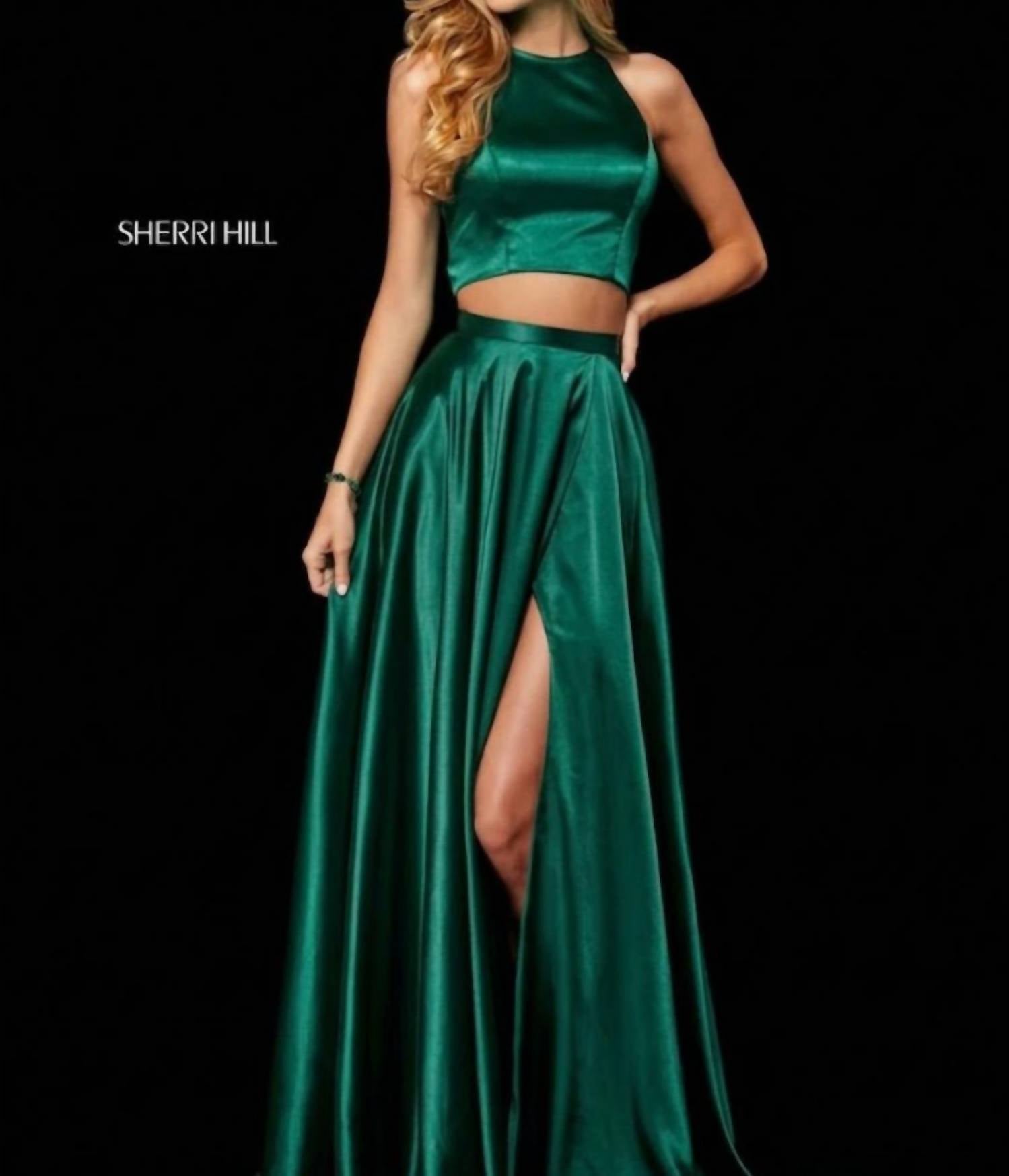 Sherri Hill Slit Skirt Two-piece Silk Dress in emerald - women's dress