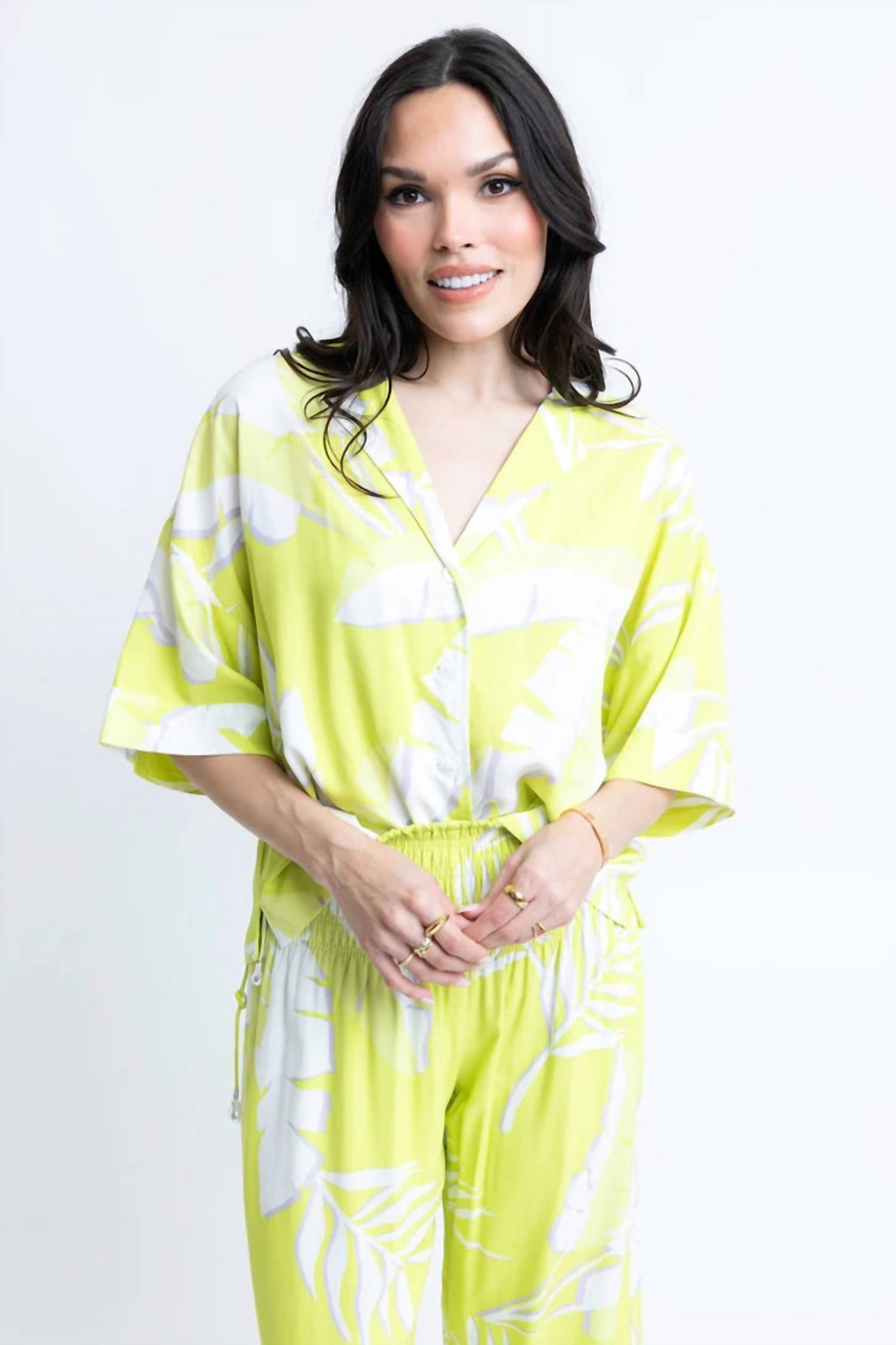 Karlie - Palm Leaf Smock Waist Pants