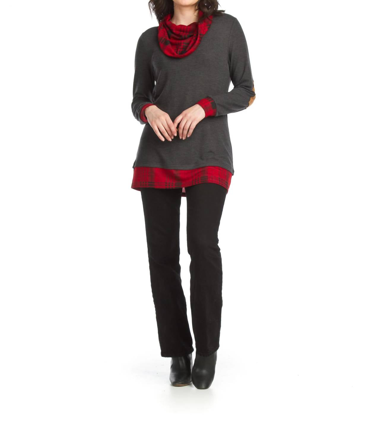 Papillon - Plaid Cowl Neck Tunic With Elbow Patches