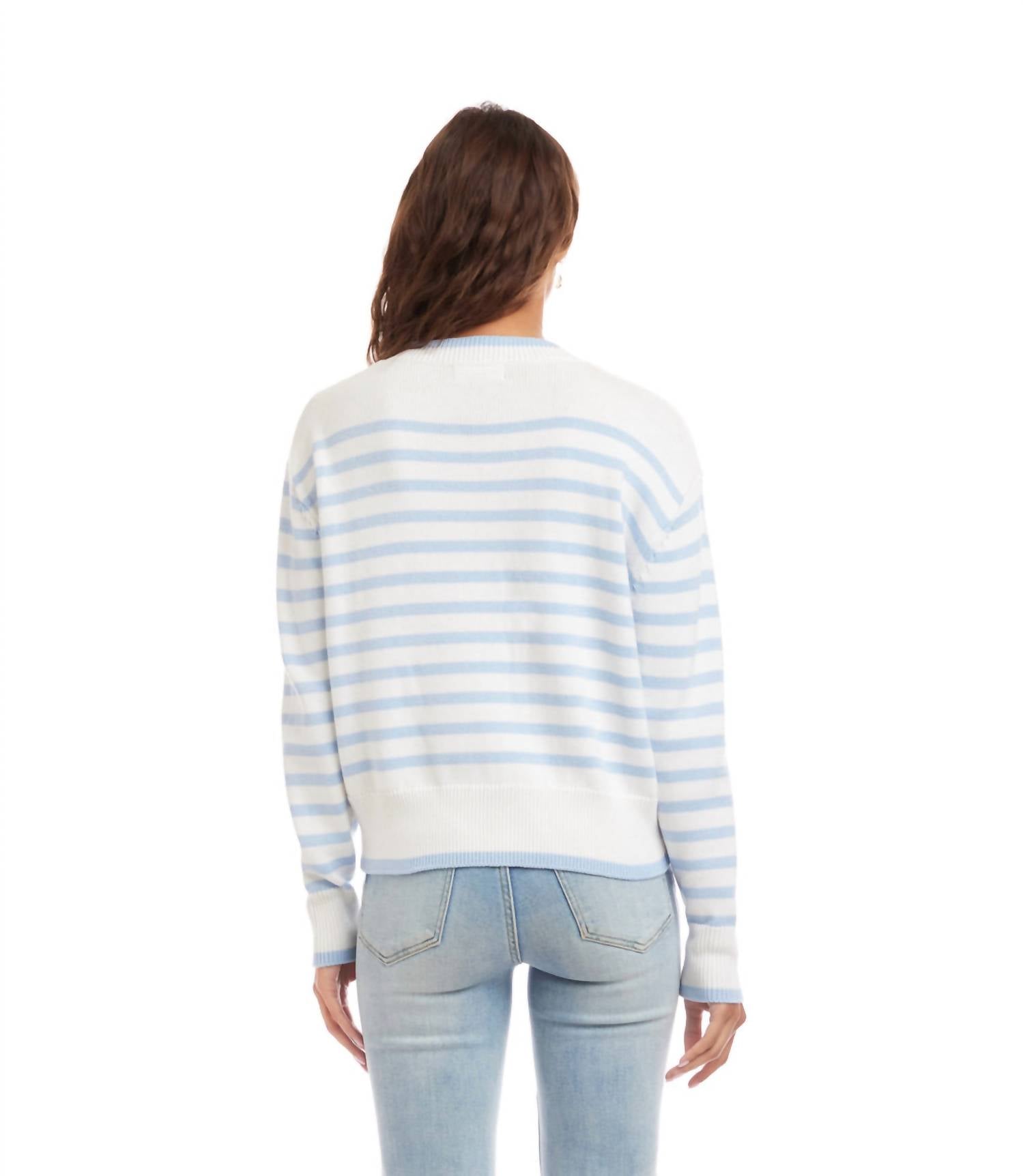 Karen Kane Long Sleeve Stripe Cardigan Sweater - Petite in blue with off white - women's cardigan - alternate view