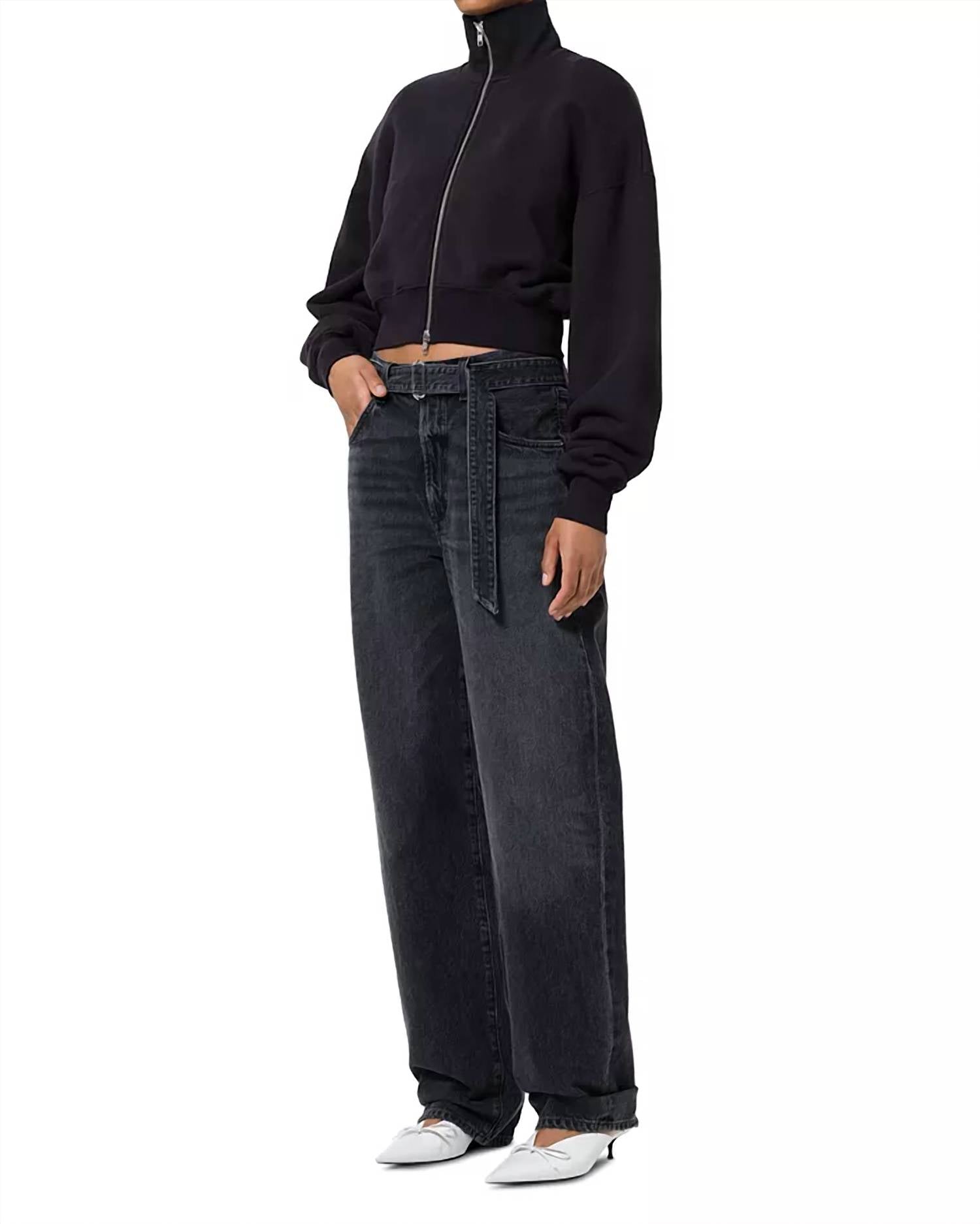 AGOLDE Darby Funnel Neck Zip Front Sweatshirt in navy - women's top - view 4