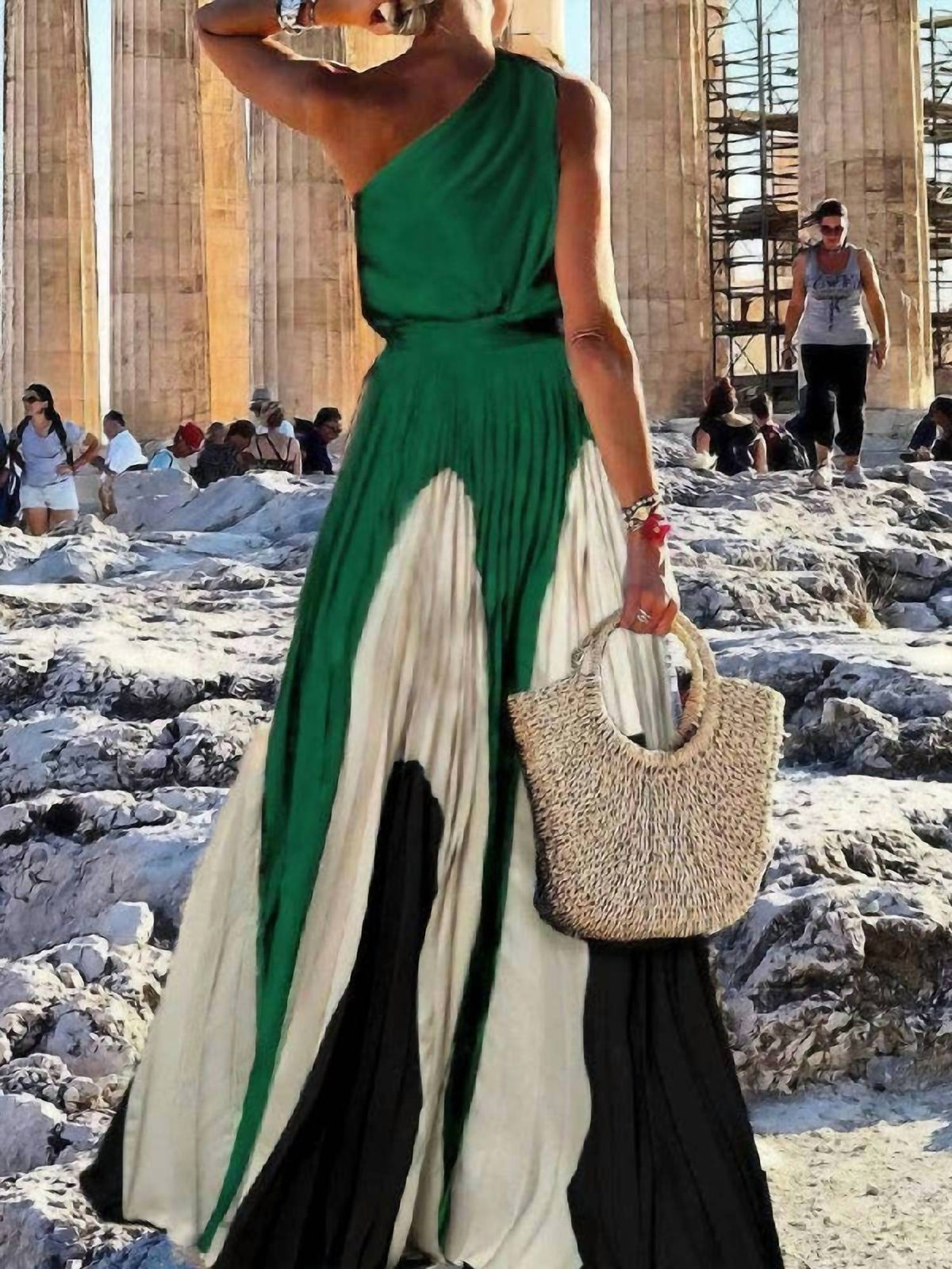 Vividlux - Sleeveless Asymmetric Pleated One-Shoulder Maxi Dress