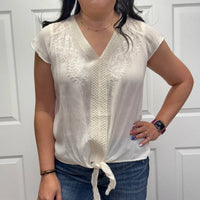 Nostalgia - V Neck Tie Waist Top with Embroidery and Lace