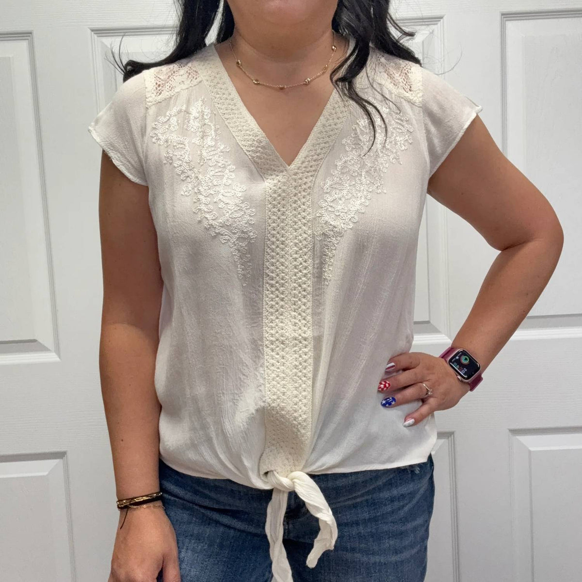 Nostalgia - V Neck Tie Waist Top with Embroidery and Lace