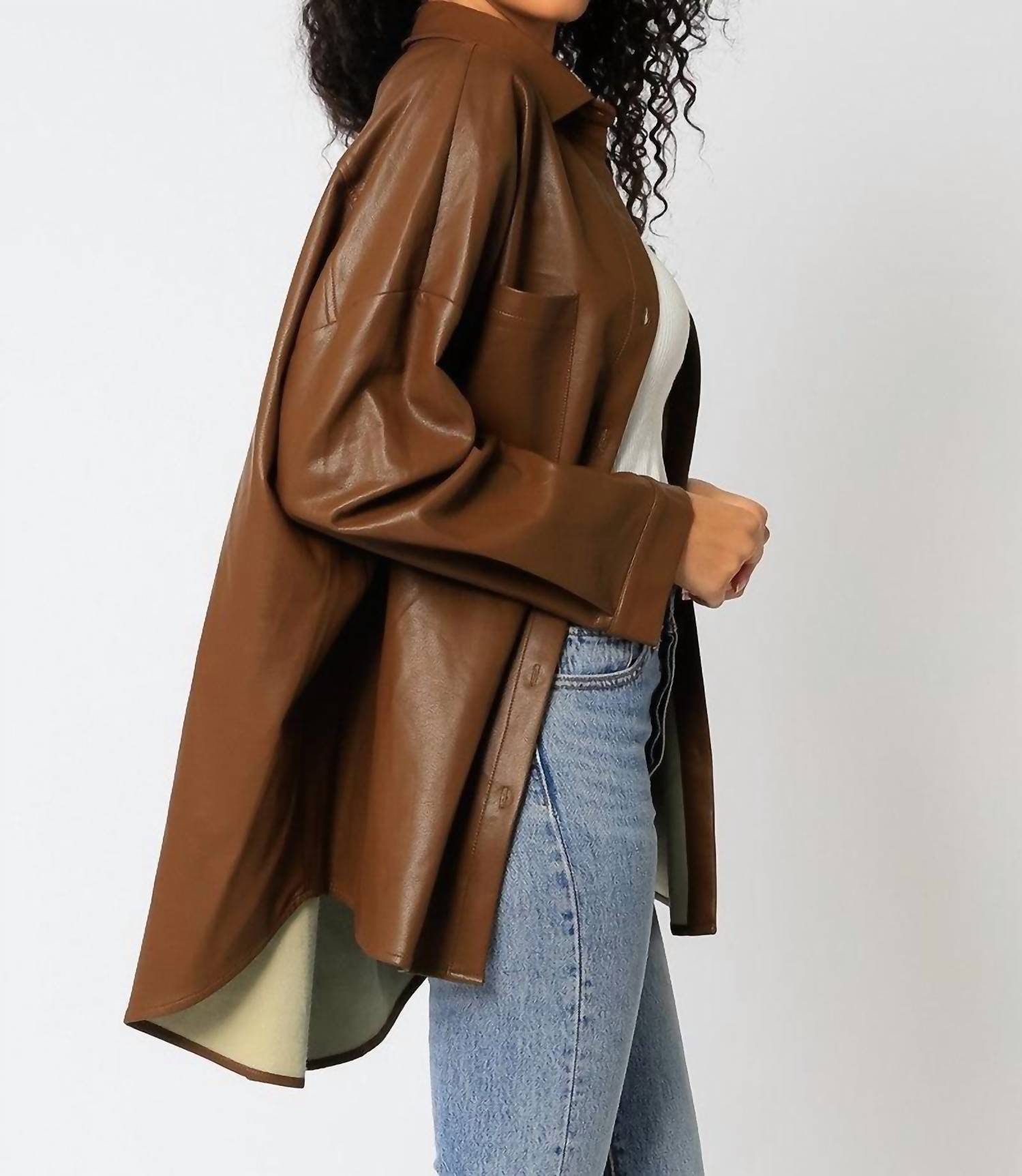 Olivaceous - Faux Leather Oversized Shacket