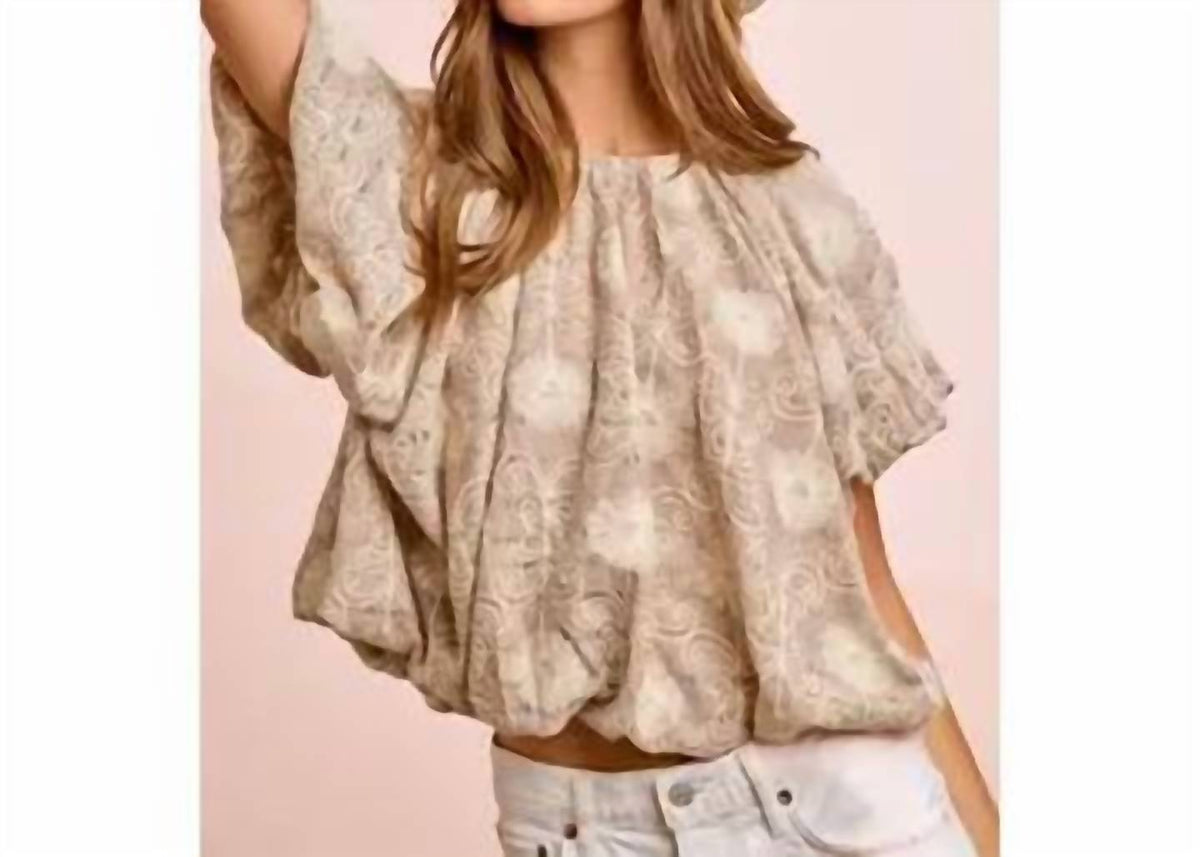 Bibi - Flower Embroidered Shirred Neckline Bubble Hem Top