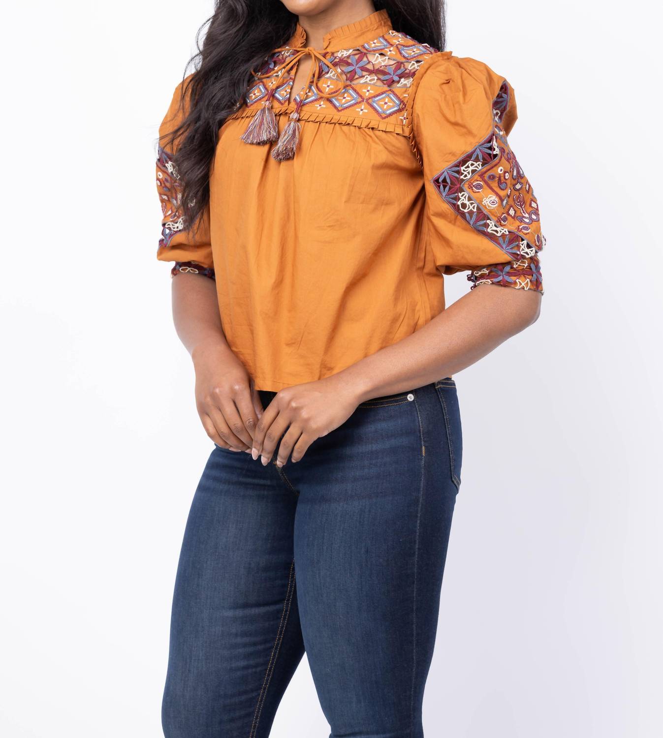 LOVE THE LABEL Diella Embroidered Top in caramel - women's blouse - alternate view