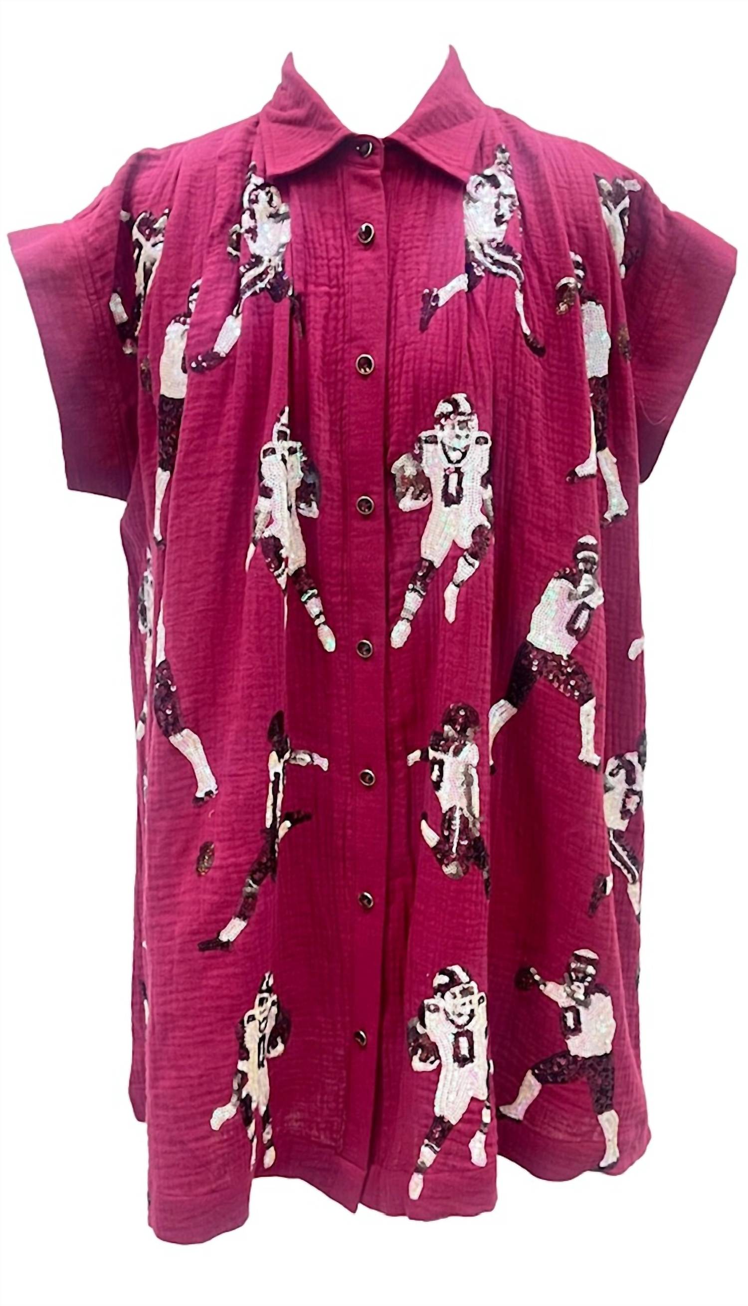 QUEEN OF SPARKLES Football Player Gauze Dress in maroon white - women's dress - view 5