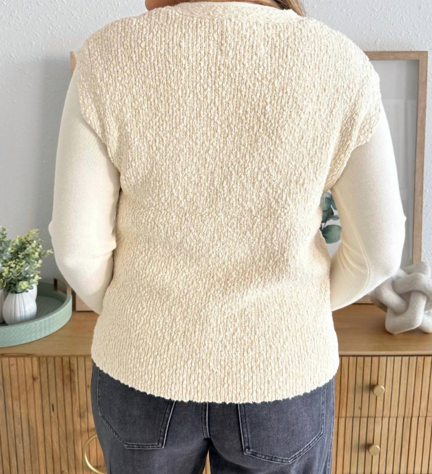 Thread & Supply Emma Sleeveless Cardigan in antique white - women's cardigan - detail view
