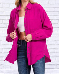 ZENANA Oversized Raw Edge Shirt in magenta - women's long sleeve top