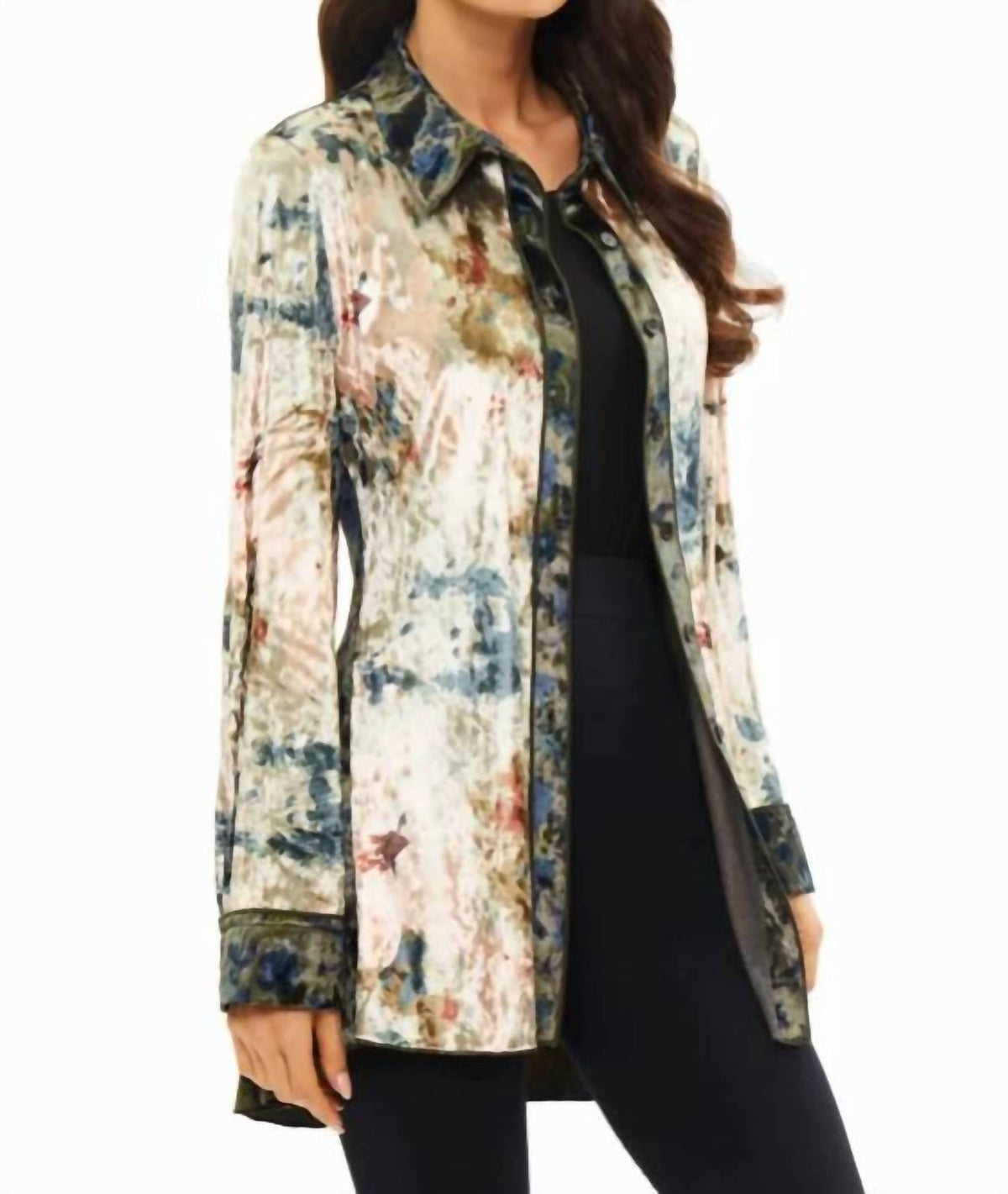 Adore - Printed Long Sleeve Velvet Button-down Shirt