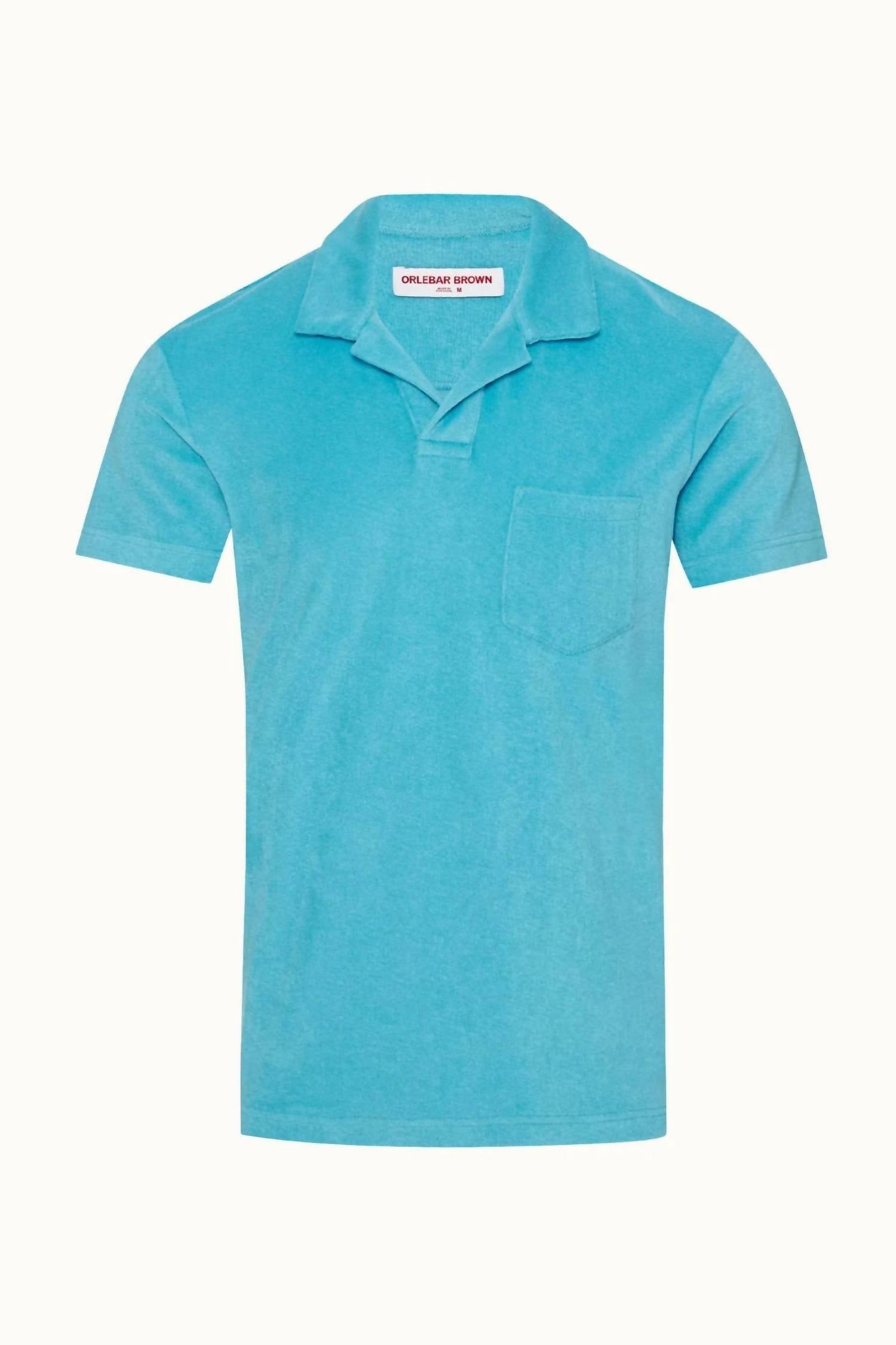 Orlebar Brown Terry Towelling Polo Shirt in aqua blue - men's shirt - view 4