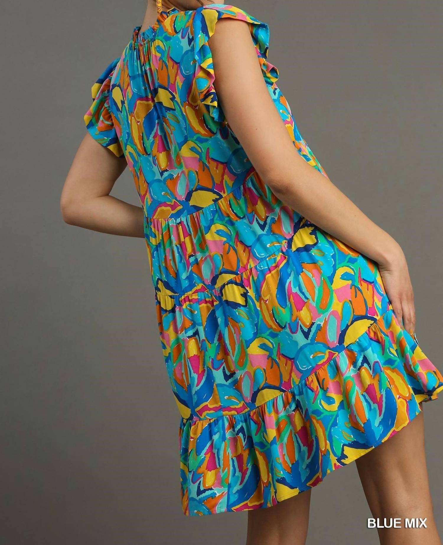 Umgee - Abstract Print A-line Tiered Smocked Detail Dress