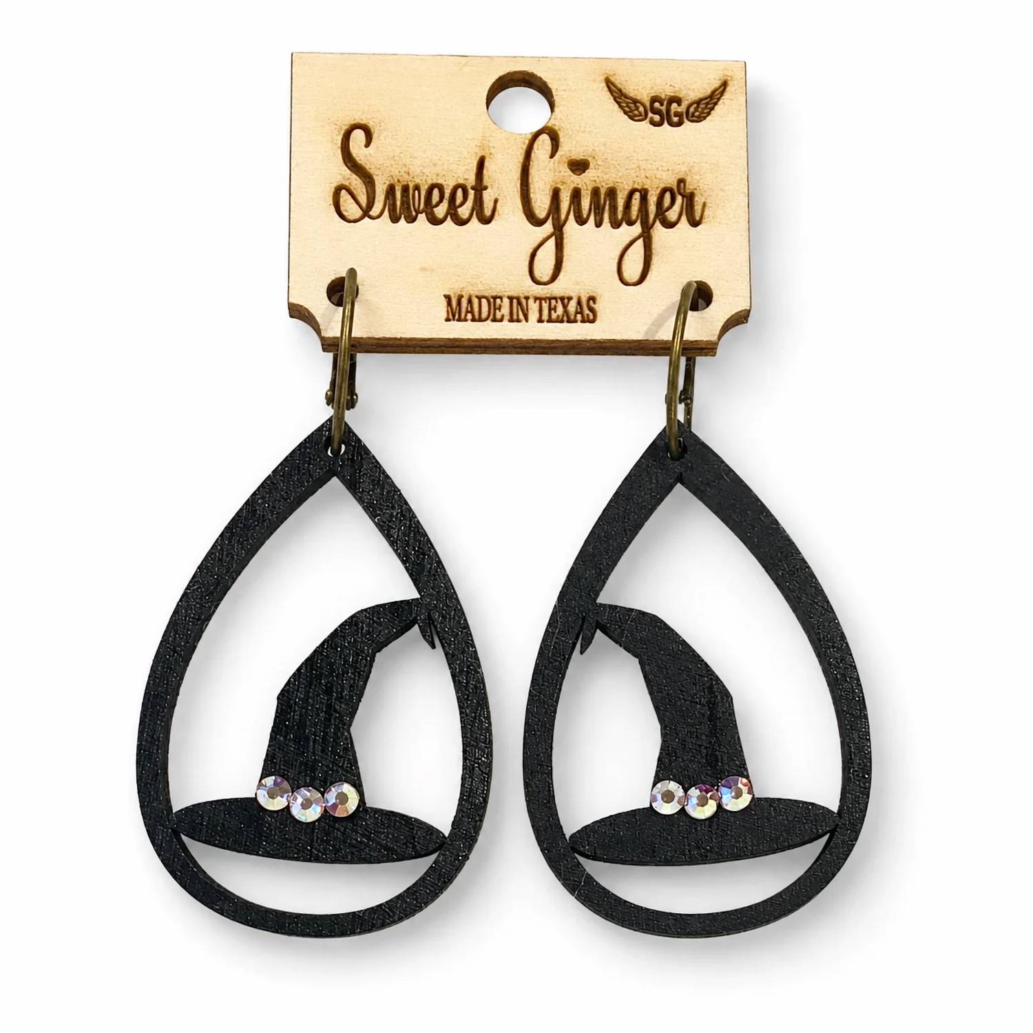 Sweet Ginger - Women's Witch Hat Rhinestone Wood Earrings