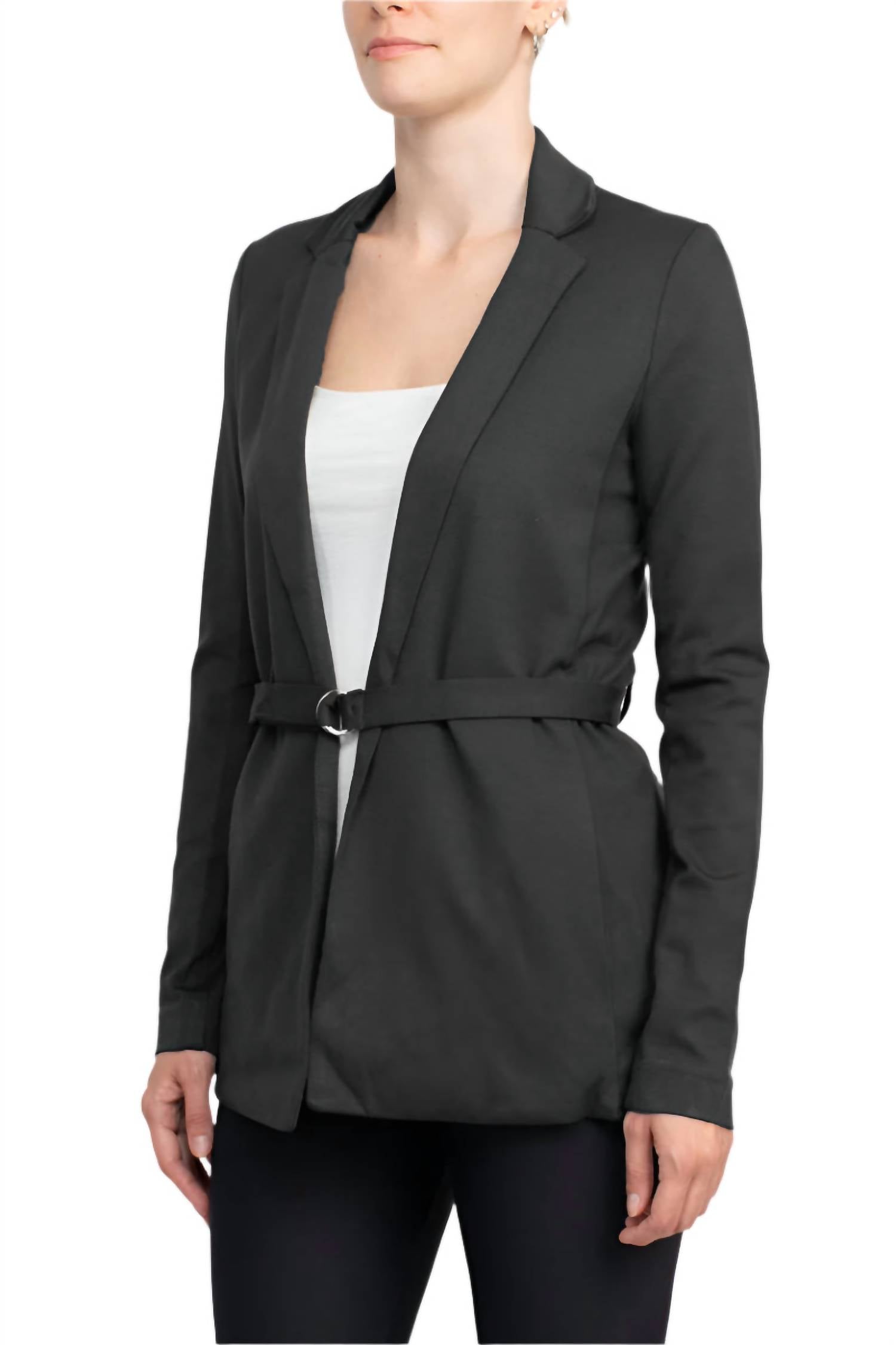 T Tahari - Notched Collar Open Front Ring Style Waist Belt Jacket