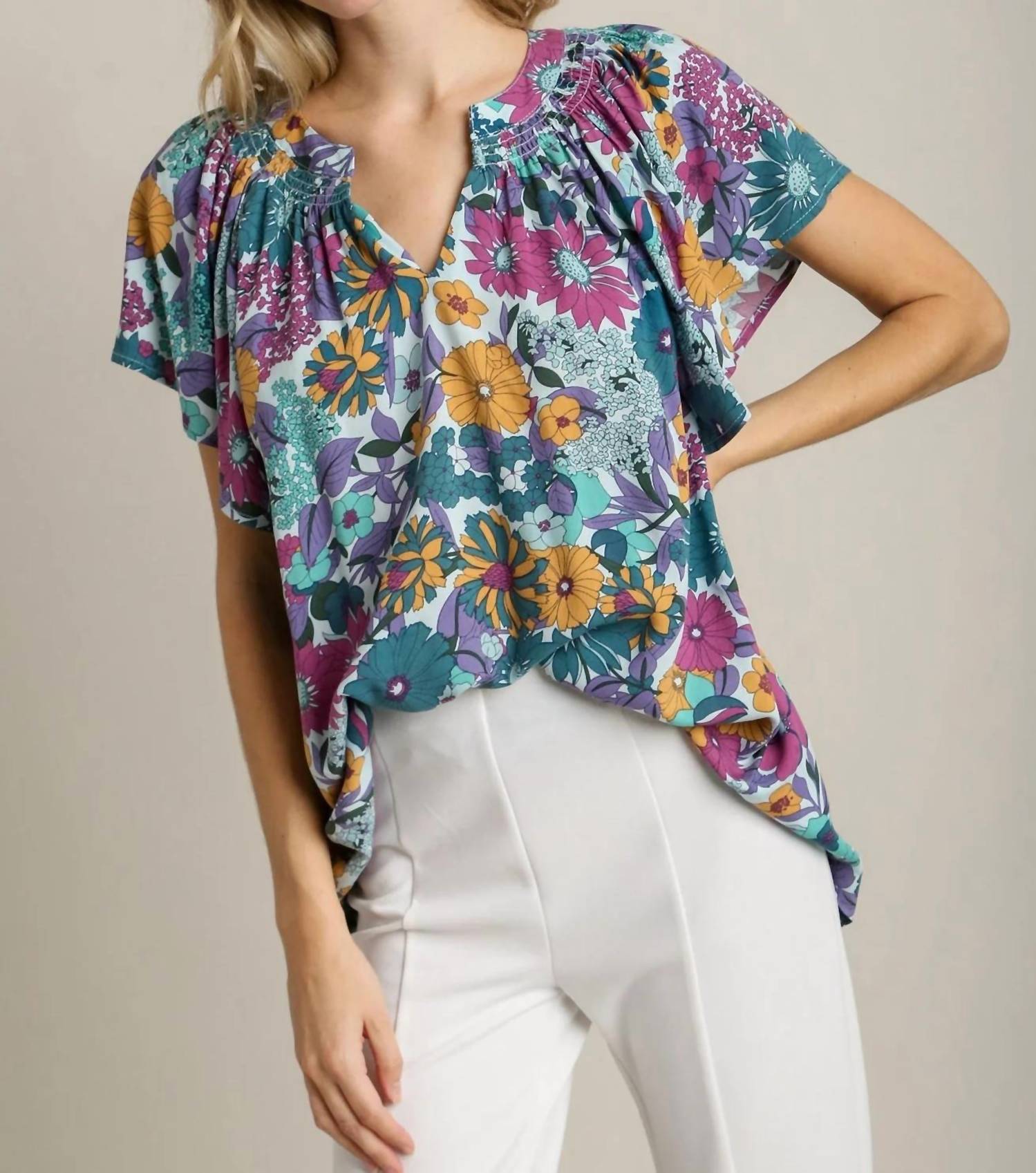 Umgee - Floral Split Neck Top
