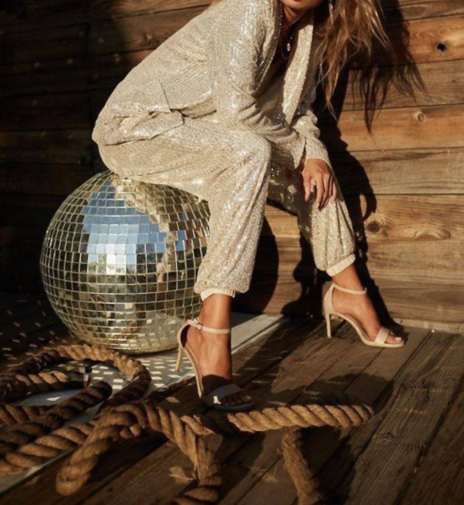 Mainstrip - Shawl Collar Long Sleeve Pocket Sequin JAcket
