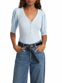 FRAME Rib Ruched Short Sleeve Henley Top in light chambray - women's blouse